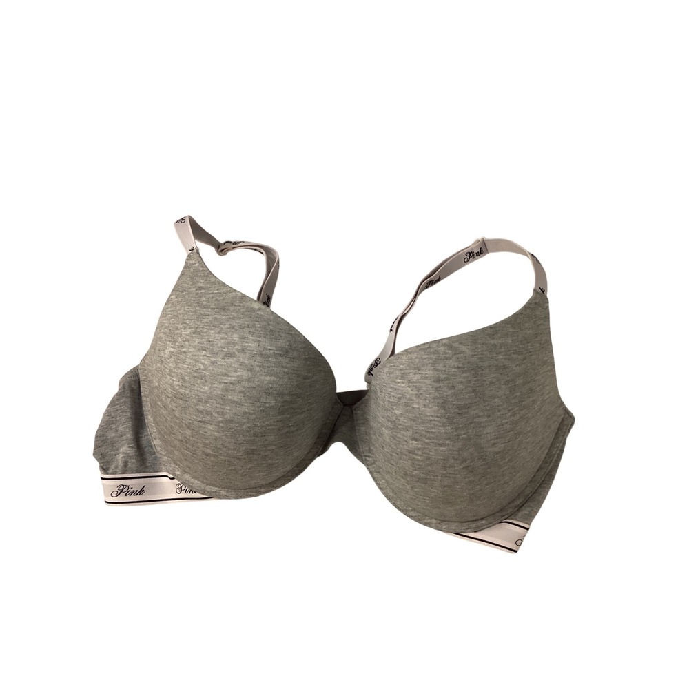 Victorias Secret‎ PINK Wear Everywhere T-Shirt Bra Gray Logo Band 38D Underwire